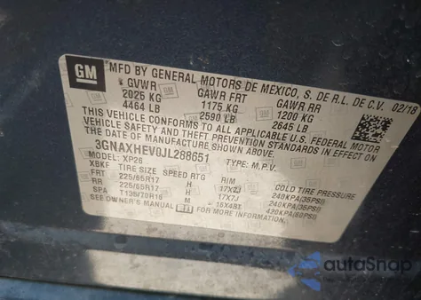 2018 Chevrolet Equinox Ls из США, поврежденный, VIN 3GNAXHEV0JL288651